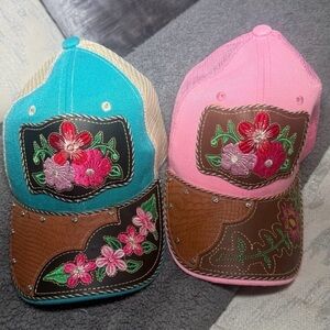 Floral Embroidered trucker Hats - Blue and Pink